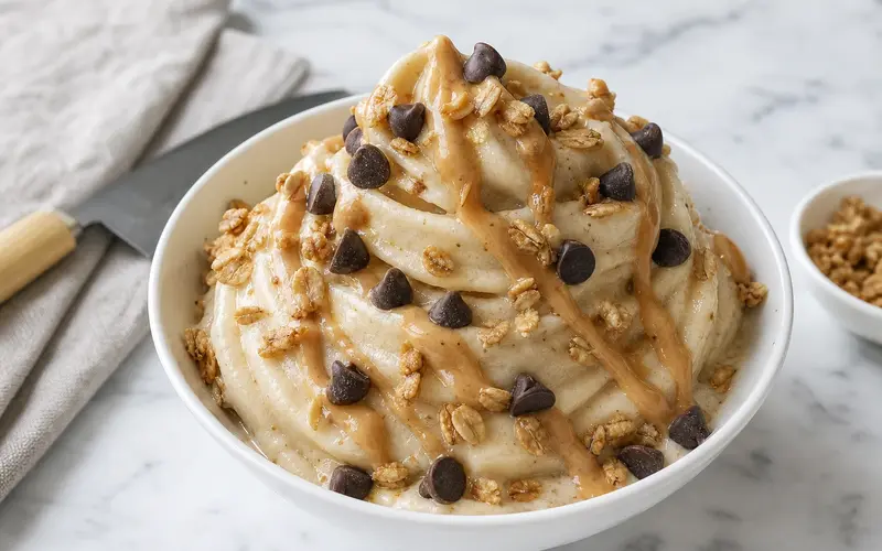 Bol de nice cream banane onctueuse garni de pépites de chocolat noir, beurre de cacahuète et granola croustillant