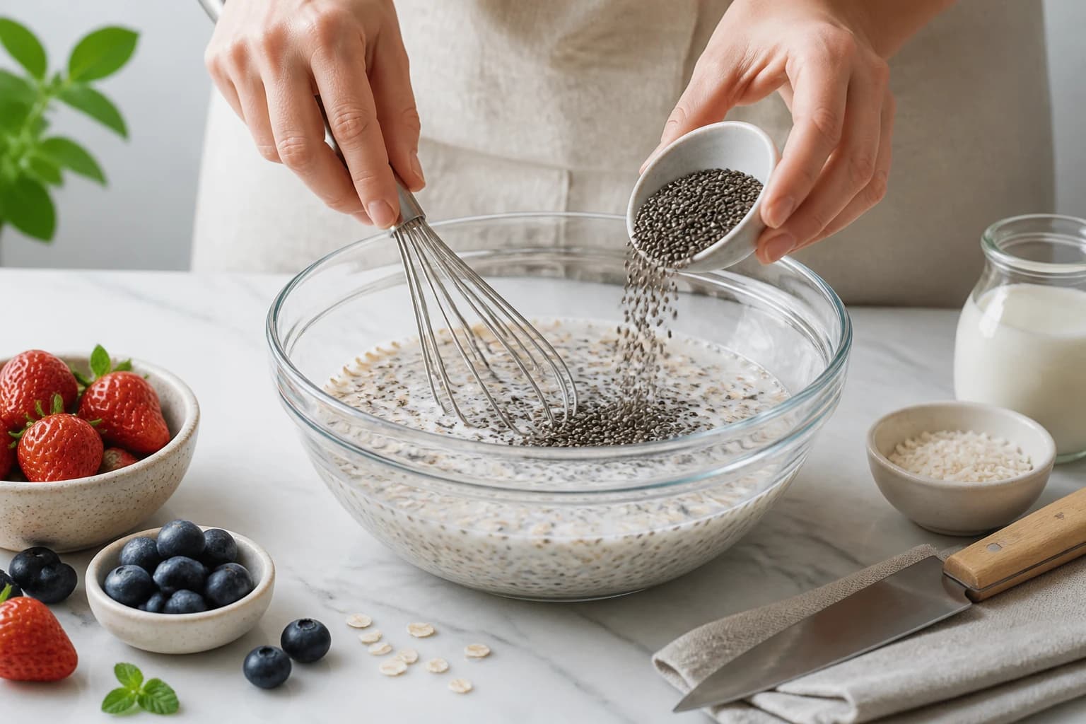 Etape 2 : Incorporer l'avoine et le chia — Overnight oats framboise : 11g de fibres sans cuisson, prêt la veille