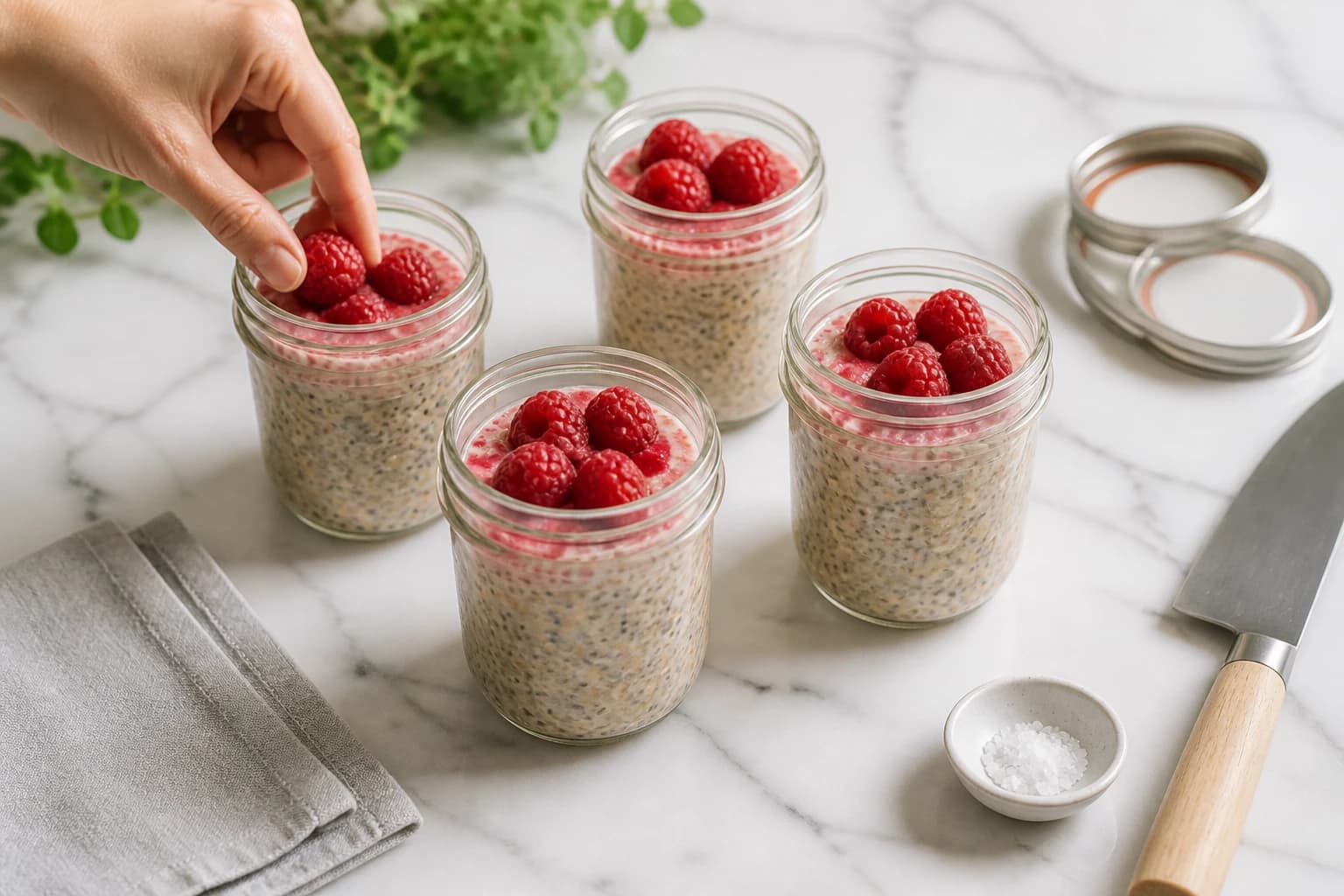 Etape 3 : Monter les bocaux et réfrigérer — Overnight oats framboise : 11g de fibres sans cuisson, prêt la veille