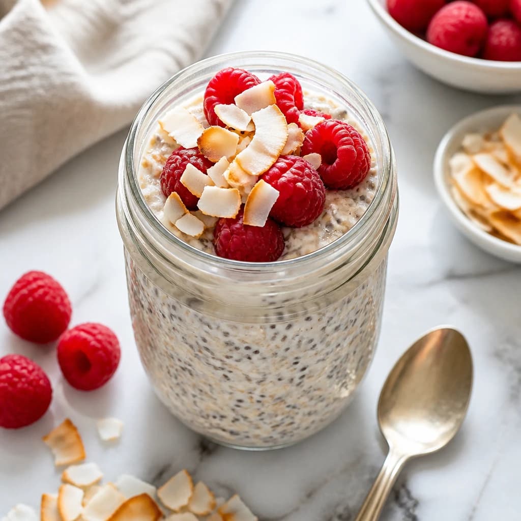 Etape 4 : Finaliser et servir le matin — Overnight oats framboise et chia, prêt la veille