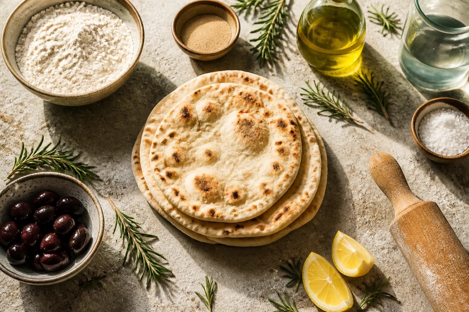 Pains pita maison moelleux et dorés, empilés et gonflés, sur un torchon de lin avec un filet d'huile d'olive