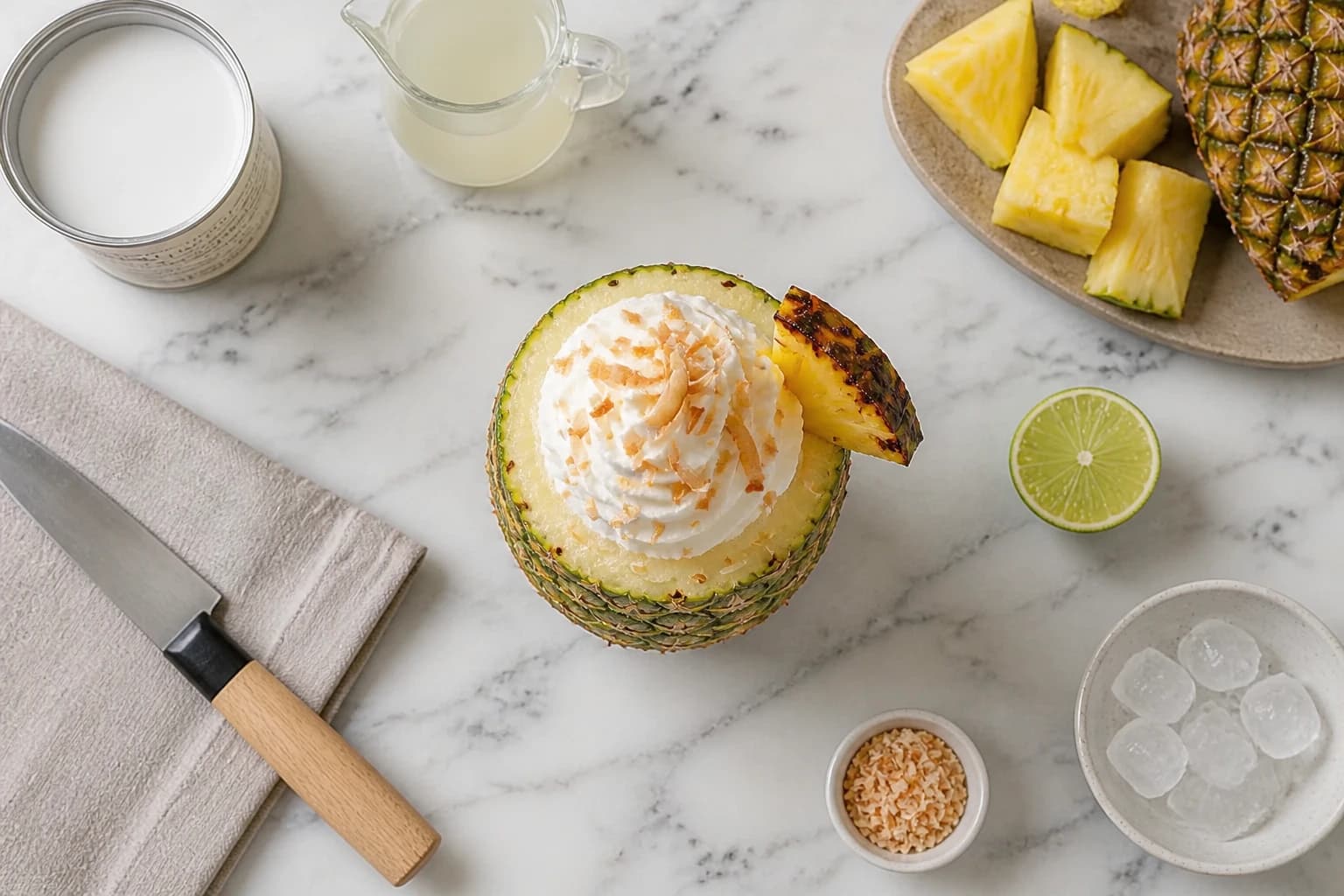 Piña colada sans alcool en gros plan, texture onctueuse coco-ananas garnie de chantilly et glaçons pilés