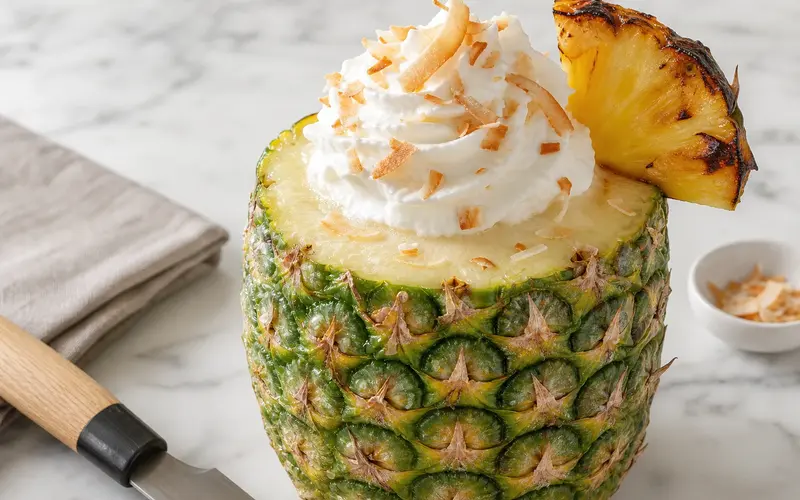 Piña colada sans alcool servie dans un ananas évidé, chantilly coco et décoration de noix de coco râpée