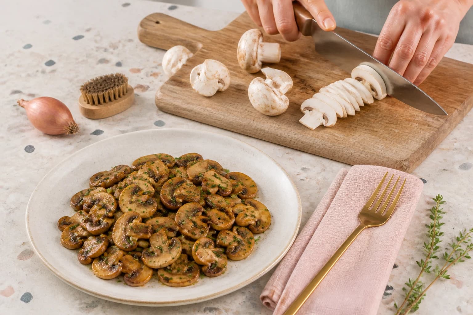Etape 1 : Nettoyer et émincer les champignons — Poêlée de champignons ail persil minceur dorée