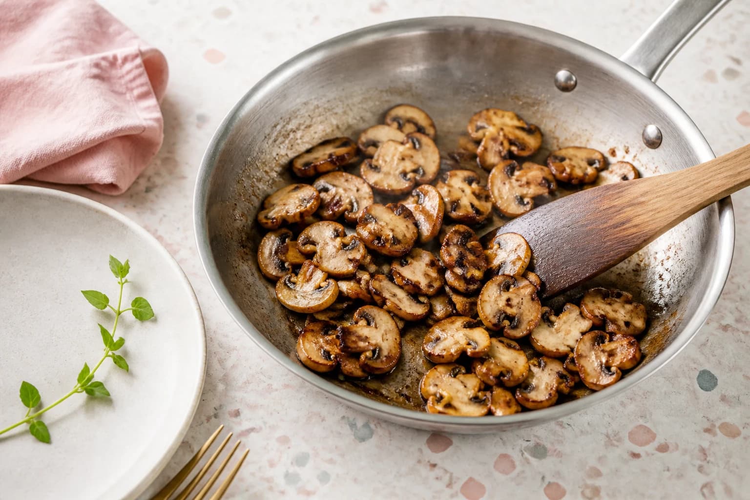 Etape 2 : Saisir les champignons à feu vif — Poêlée de champignons ail persil minceur dorée
