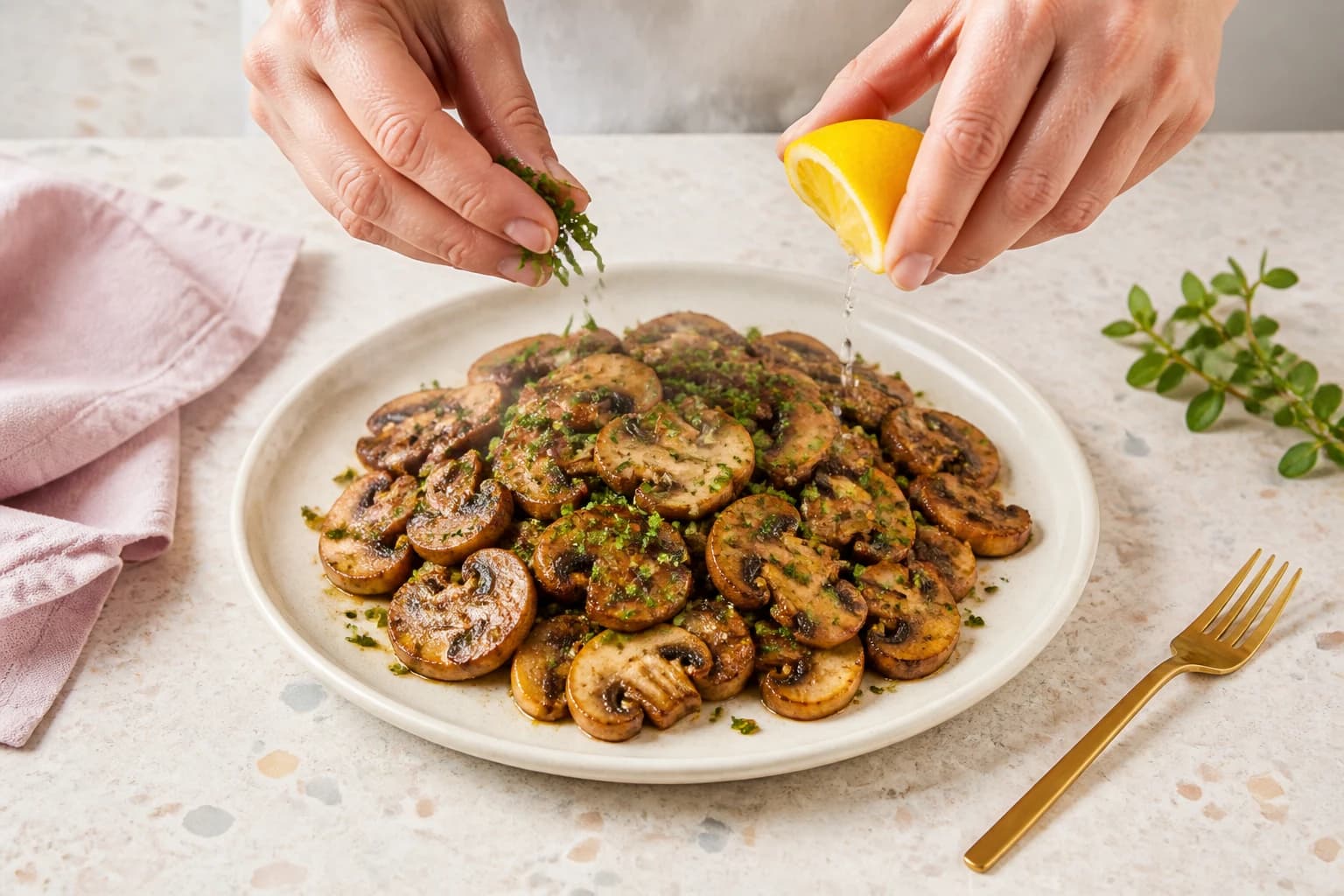 Etape 4 : Déglacer, persiller et dresser — Poêlée de champignons ail persil minceur dorée