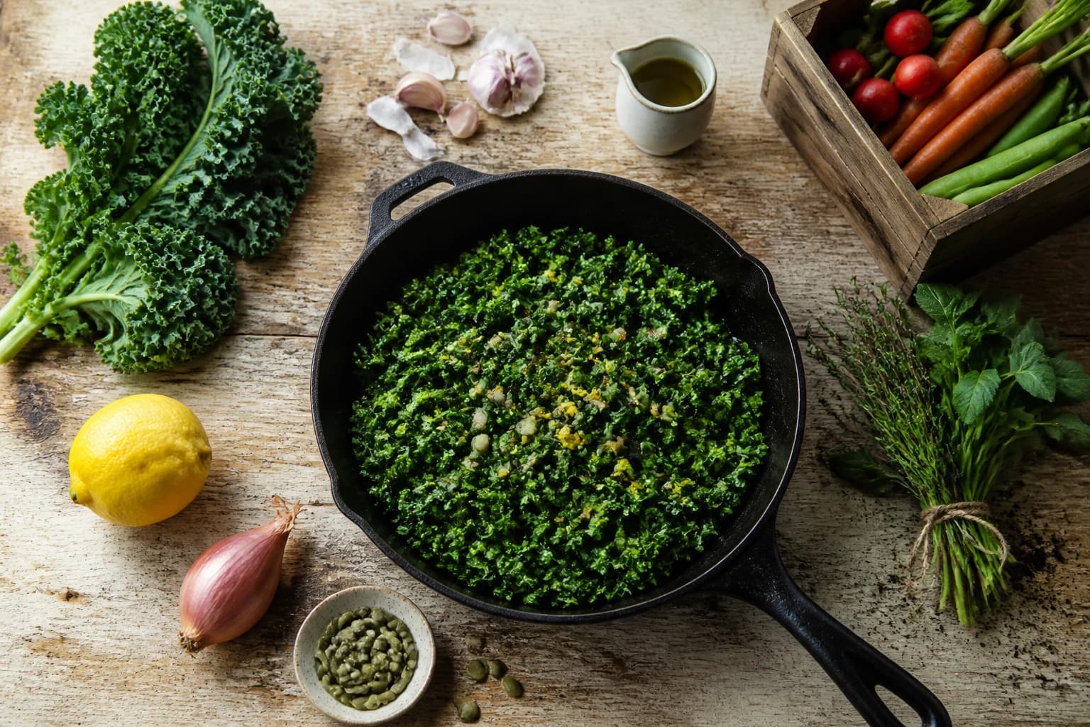 Poêlée de chou kale ail citron minceur servie avec graines de courge et quartiers de citron