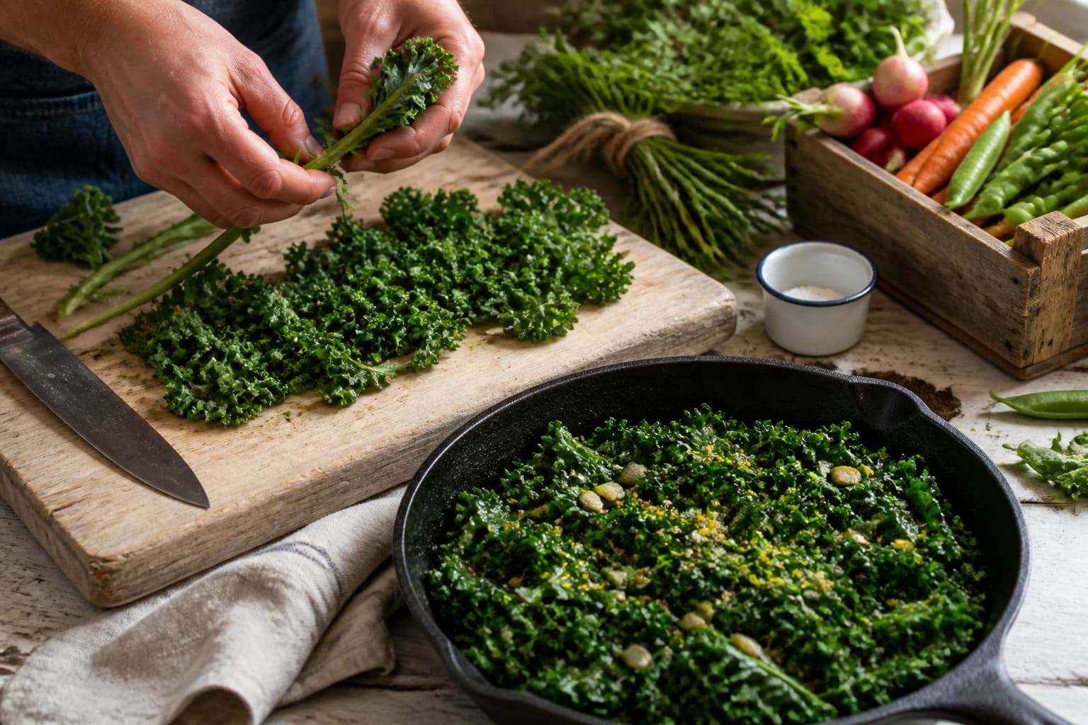 Etape 1 : Préparer le chou kale — Poêlée de chou kale, ail & citron fondante