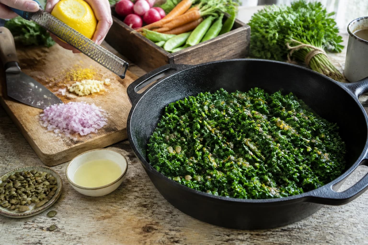 Etape 2 : Préparer l'ail, l'échalote et le citron — Poêlée de chou kale, ail & citron fondante