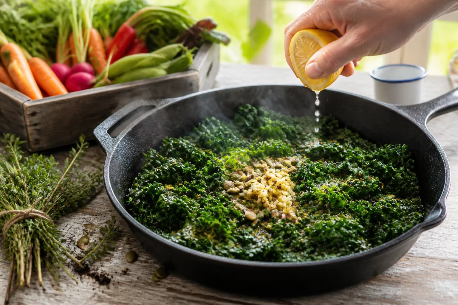 Etape 4 : Parfumer à l'ail et au citron — Poêlée de chou kale, ail & citron fondante