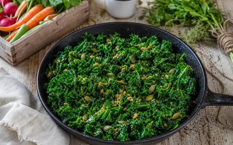 Poêlée de chou kale fondant à l'ail et au citron, parsemée de graines de courge dans une poêle