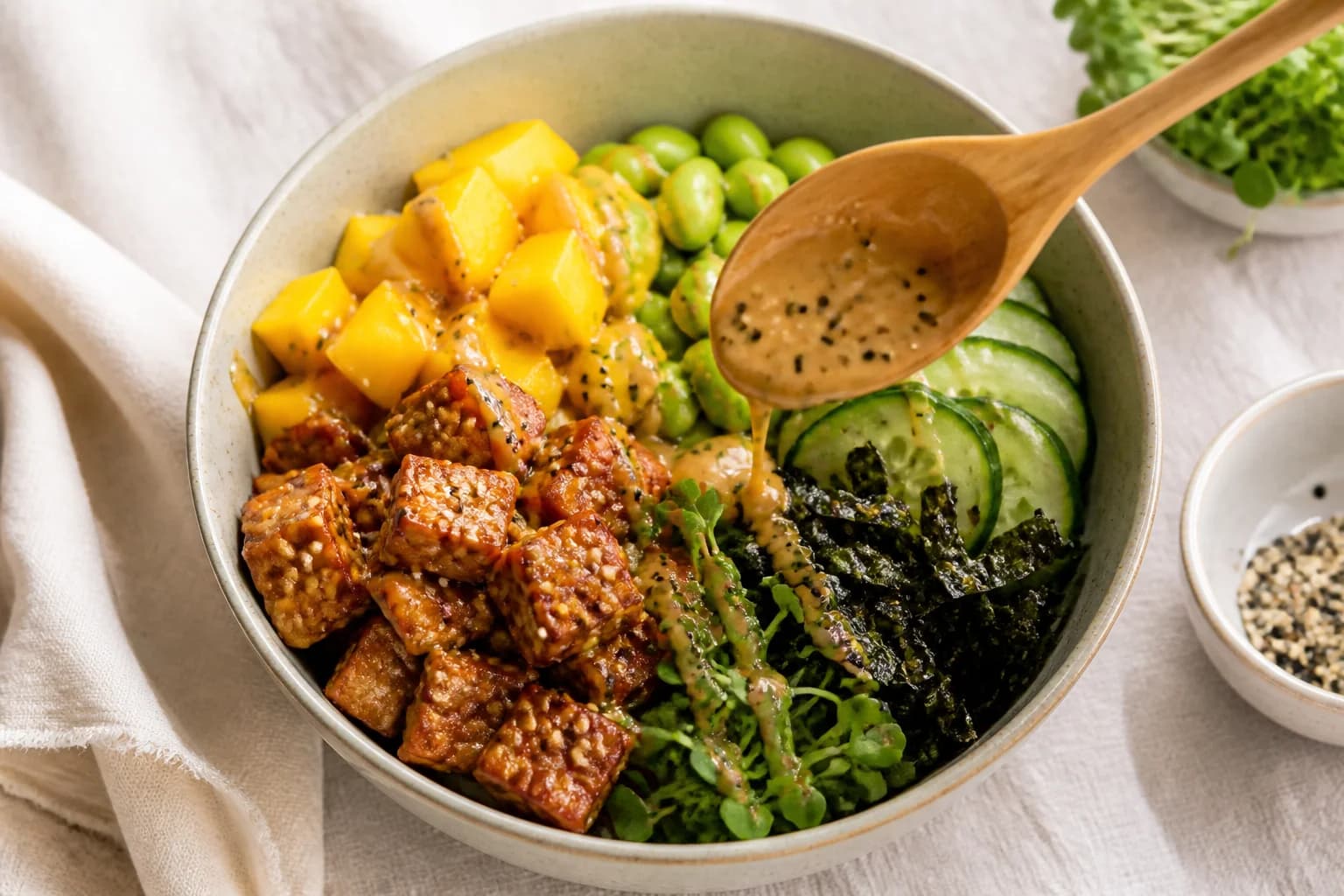 Poke bowl vegan tempeh mangue vue de dessus sur table en bois, graines de sésame dorées et algues nori visibles