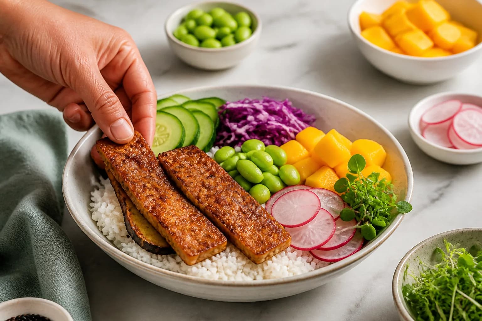 Étape 4 : Griller le tempeh et assembler le bowl — Poké bowl vegan tempeh & mangue