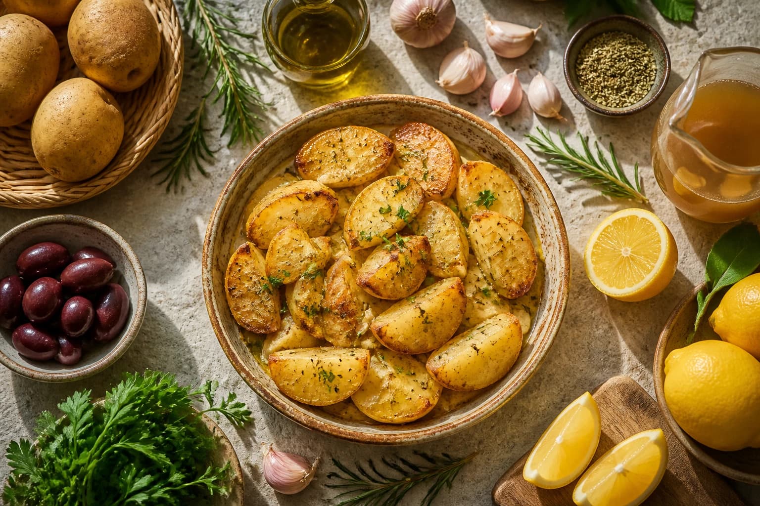 Pommes de terre grecques au citron dorées et fondantes en quartiers, parsemées d'origan et de persil frais