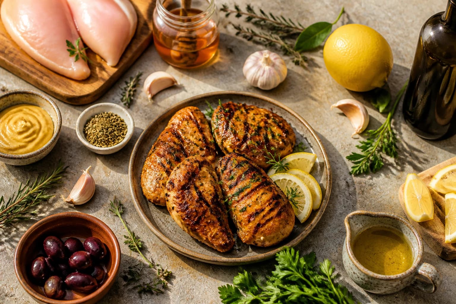 Poulet grillé laqué au miel et à l'ail, doré et brillant, avec citron et persil frais