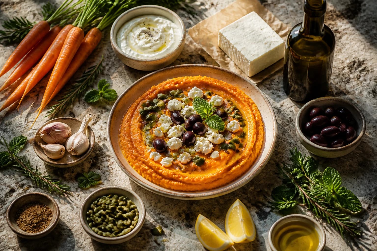 Purée de carotte à la feta crémeuse et orangée, garnie de feta émiettée, graines de courge et menthe