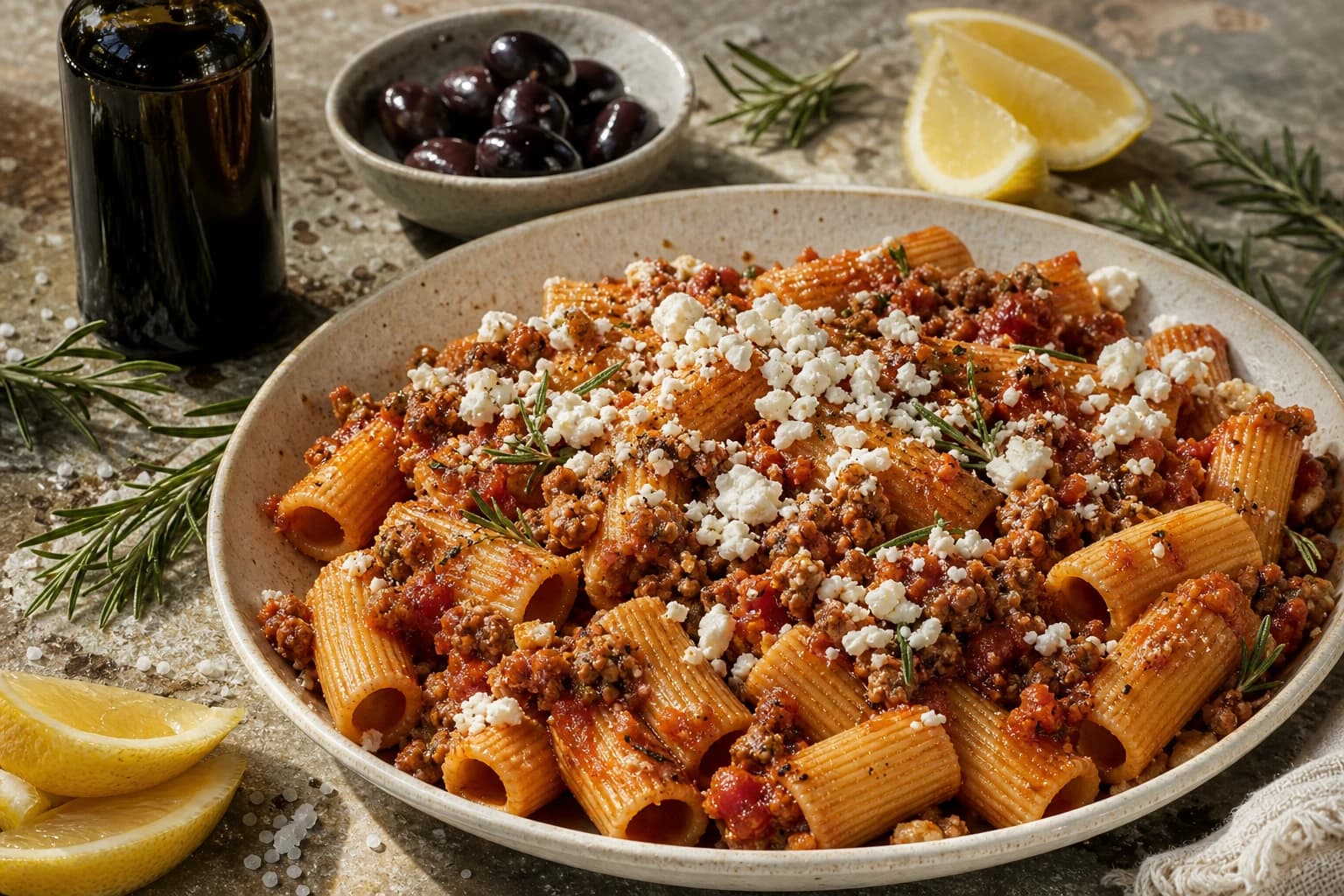 Rigatoni à la bolognaise et feta
