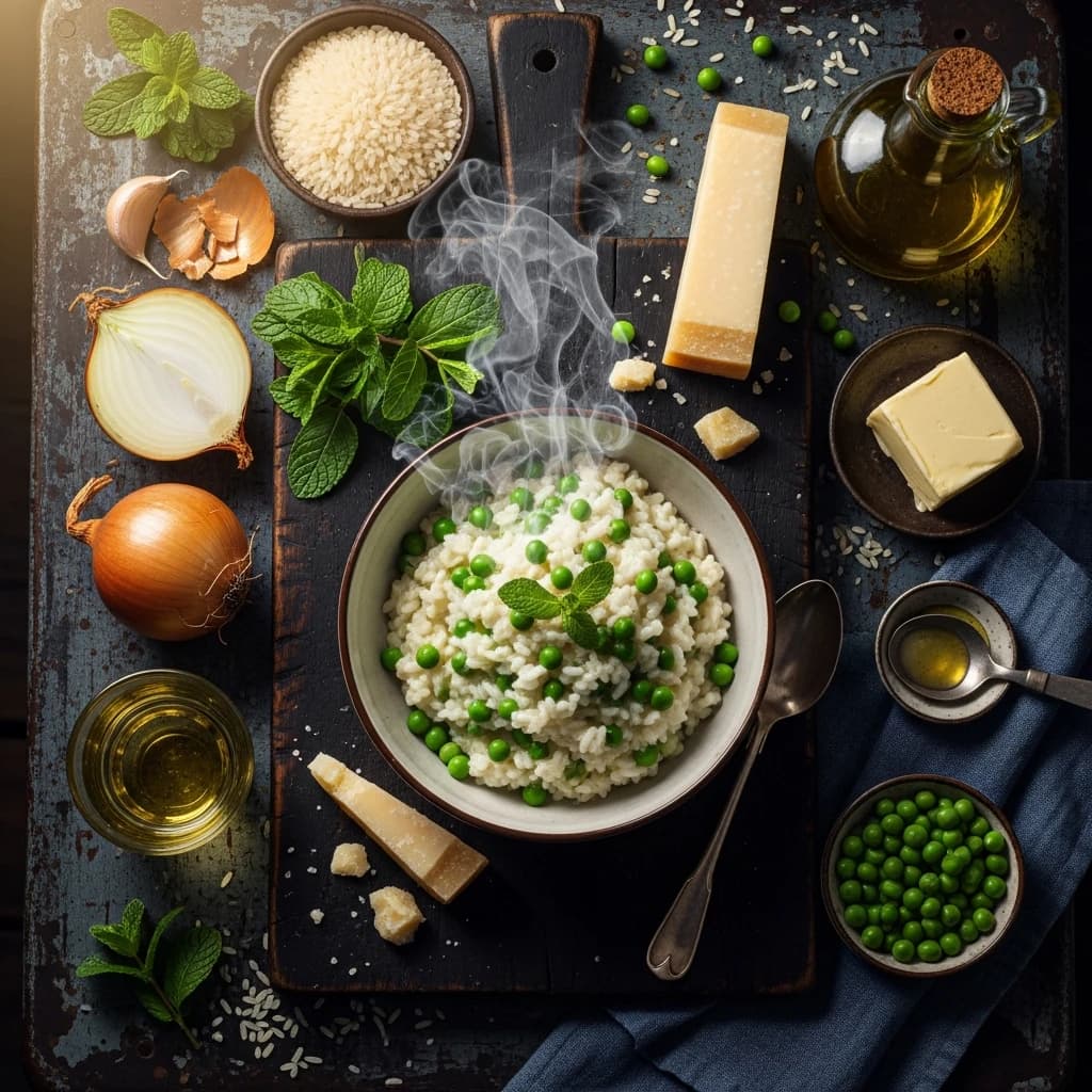 risotto petits pois menthe frais dans assiette italienne vue de dessus