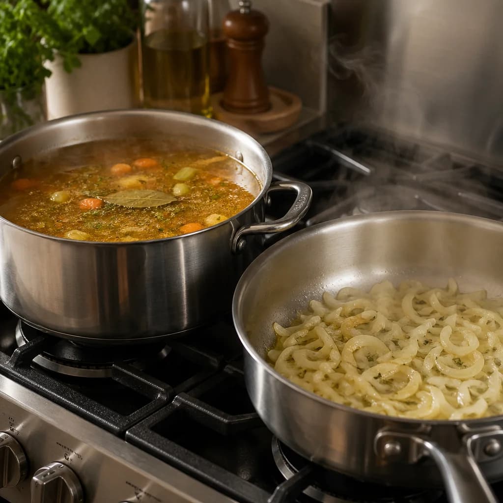 Etape 1 : Préparer le bouillon et faire suer l'oignon — Risotto petits pois-menthe crémeux