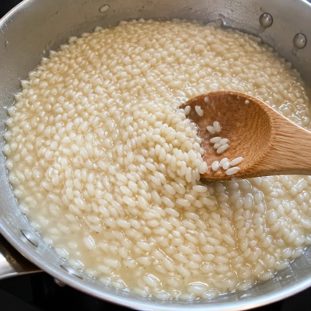 Etape 2 : Nacrer le riz et déglacer au vin blanc — Risotto petits pois-menthe crémeux