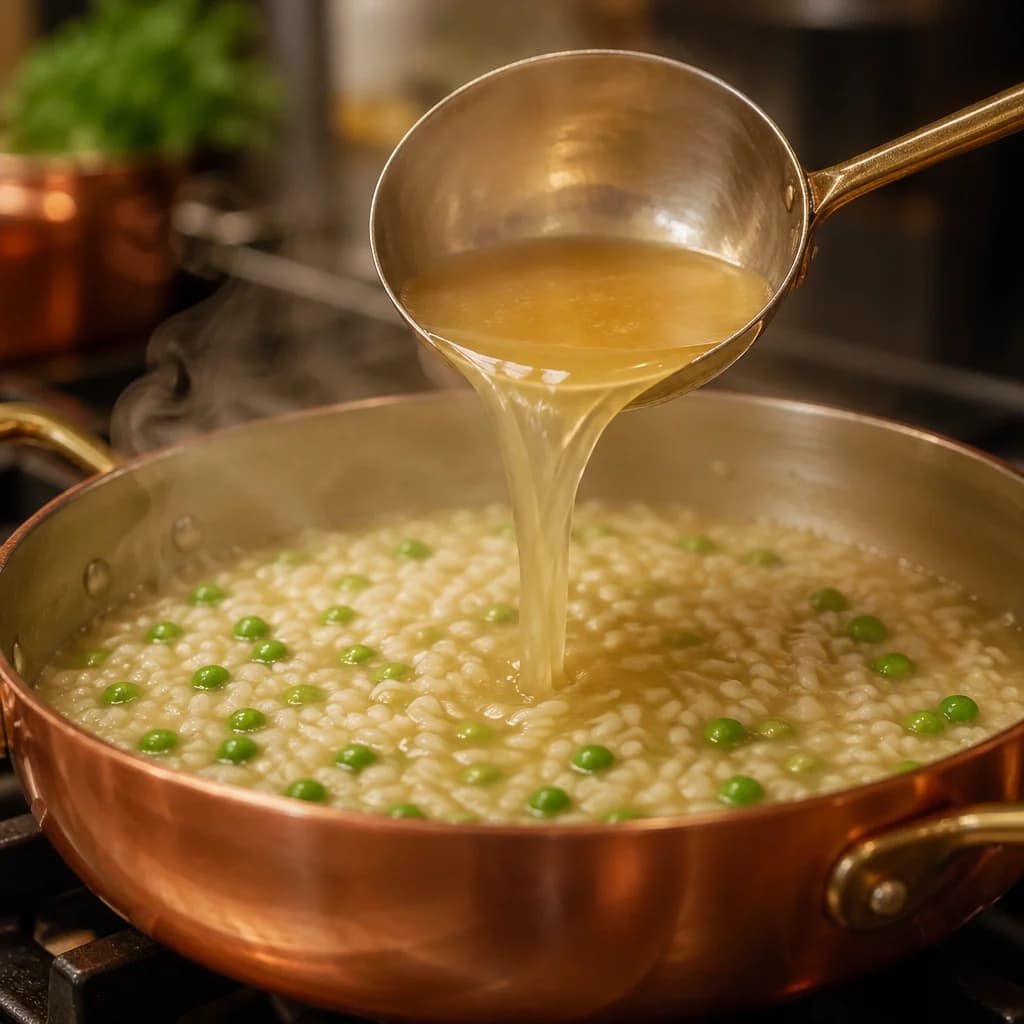 Etape 3 : Cuisson lente par absorption du bouillon — Risotto petits pois-menthe crémeux