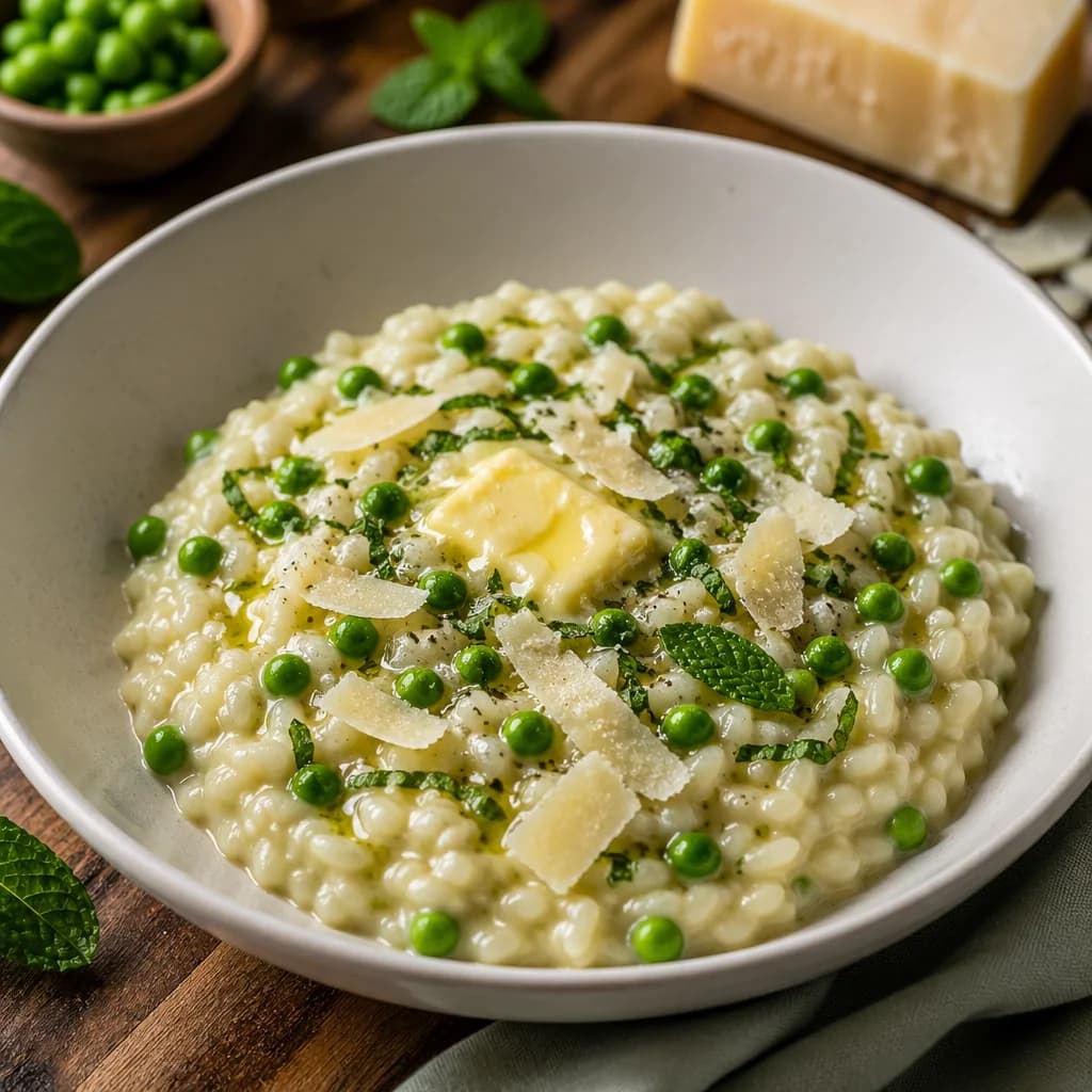 Etape 4 : Mantecatura et finition à la menthe — Risotto petits pois-menthe crémeux