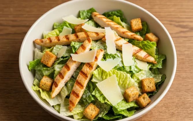 Salade César allégée dans un saladier blanc, poulet grillé tranché, copeaux de parmesan et croûtons dorés