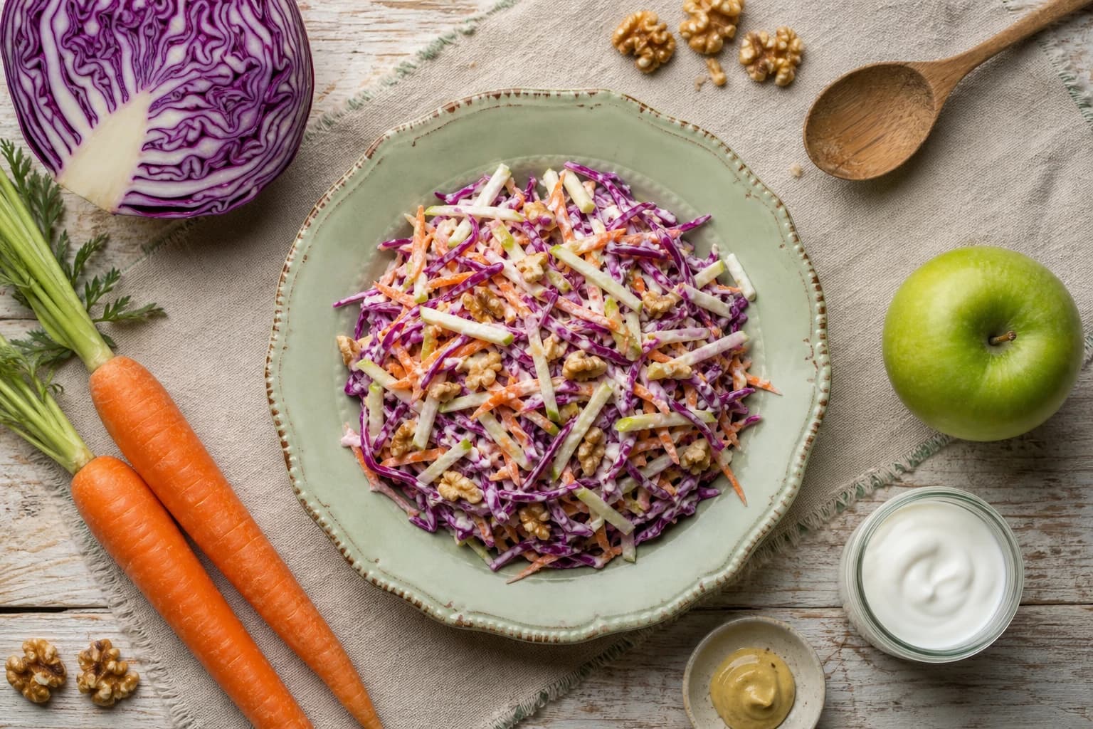 Coleslaw healthy chou rouge pomme noix dans un grand bol blanc, julienne de pomme verte visible, noix concassées et persil plat en garniture, vue de dessus