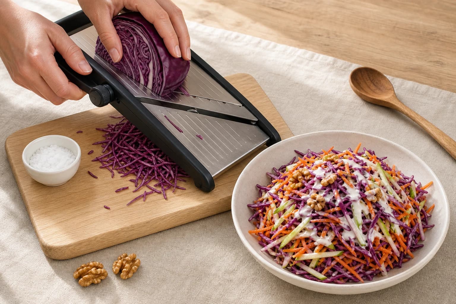 Etape 1 : Préparer le chou rouge pour le rendre digeste — Coleslaw chou rouge, pomme & noix