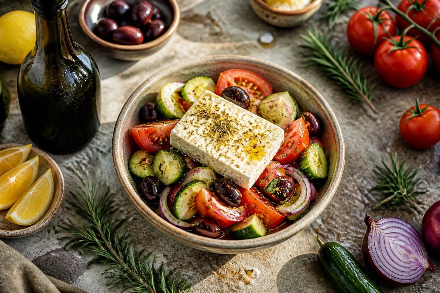 Salade grecque authentique avec feta, tomates, olives Kalamata et huile d'olive sur pierre méditerranéenne
