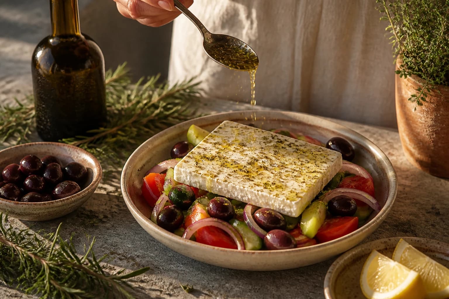 Etape 3 : Poser la feta et assaisonner — Salade grecque authentique : la vraie horiatiki