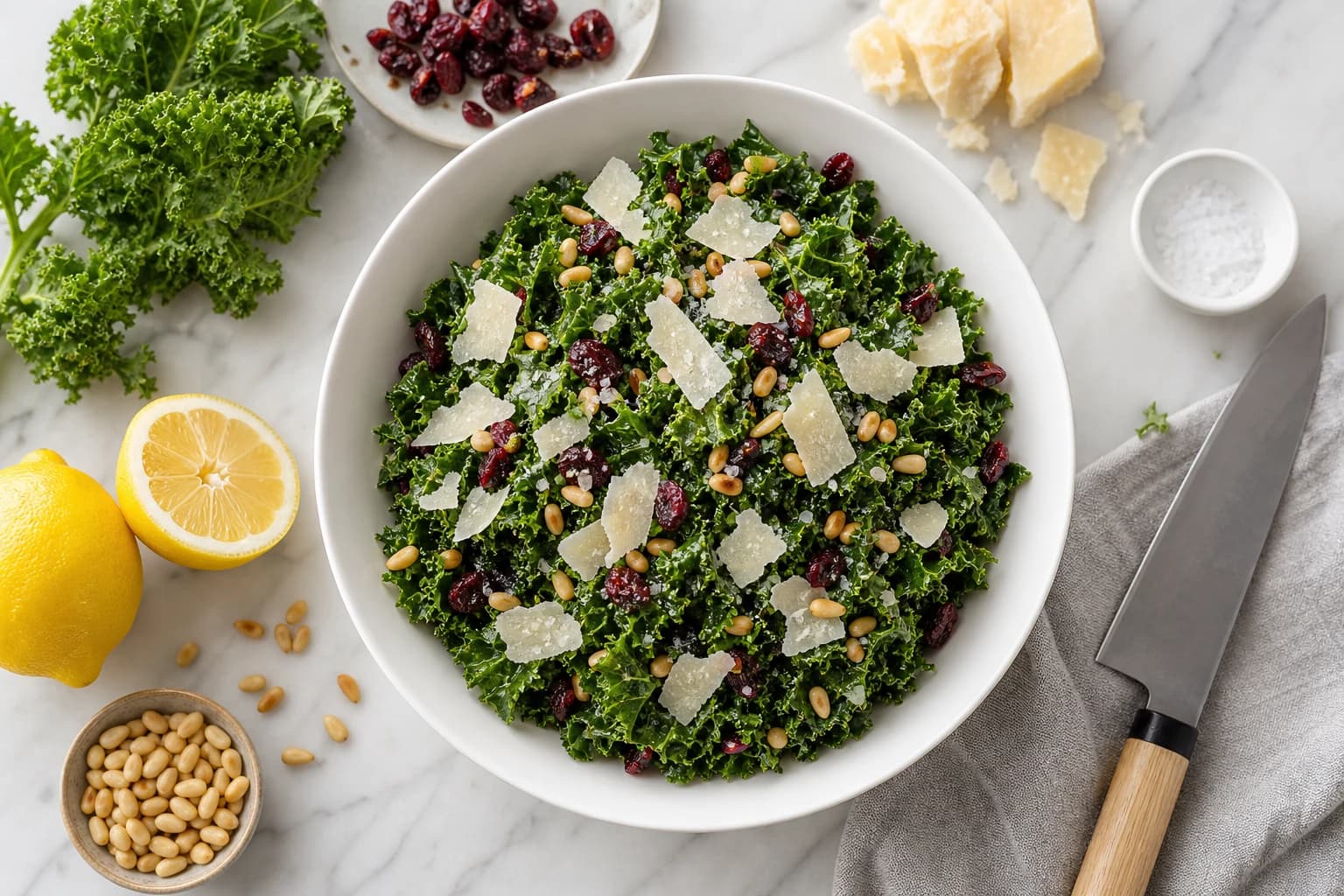 Salade de kale massé aux cranberries et parmesan vue d'ensemble avec ingrédients frais autour