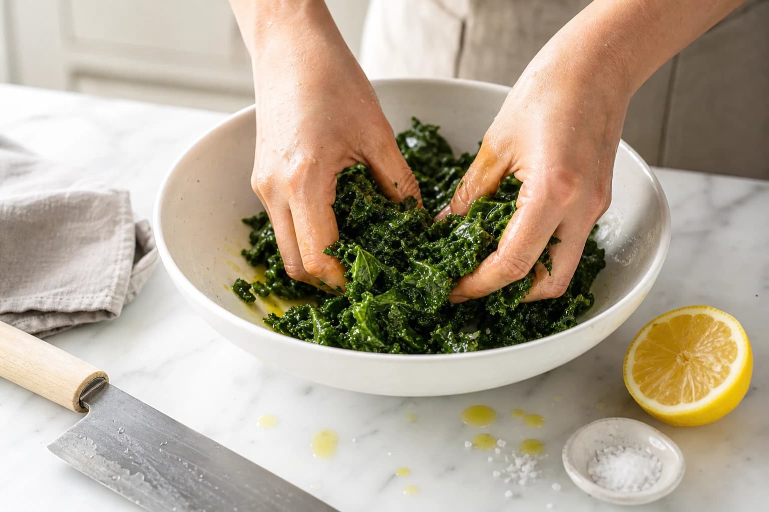 Etape 2 : Masser le kale à l'huile et au citron — Salade de kale, cranberries & parmesan