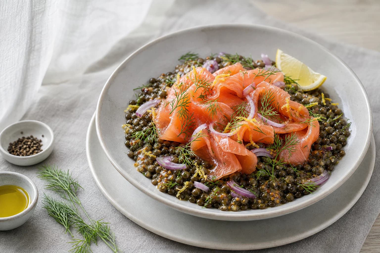 Salade lentilles, saumon fumé & aneth