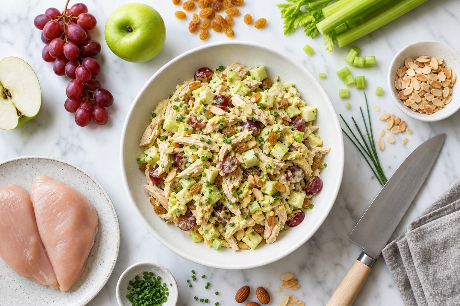Salade poulet curry raisins amandes dans un bol blanc, dés de pomme verte et raisins frais visibles, amandes effilées toastées en garniture, vue de dessus