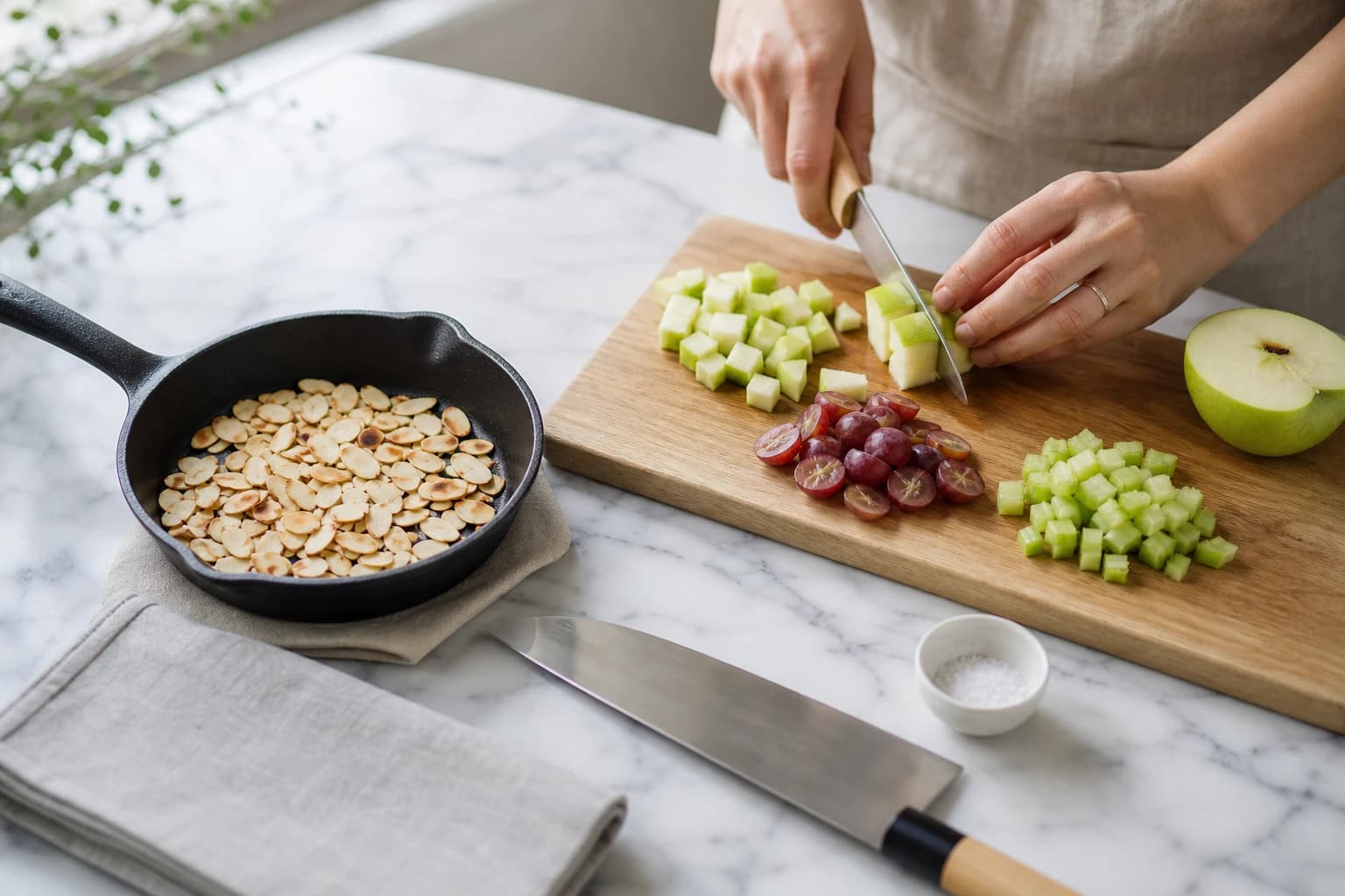 Etape 3 : Toaster les amandes et préparer les fruits et légumes — Salade poulet curry, raisins & amandes