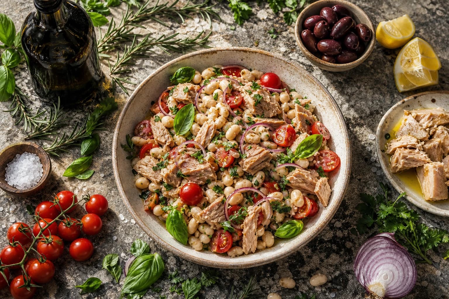 Salade tonno e fagioli italienne dans une assiette creuse en céramique blanche, haricots cannellini, thon émietté, tomates cerises, oignon rouge et persil plat, vue de dessus
