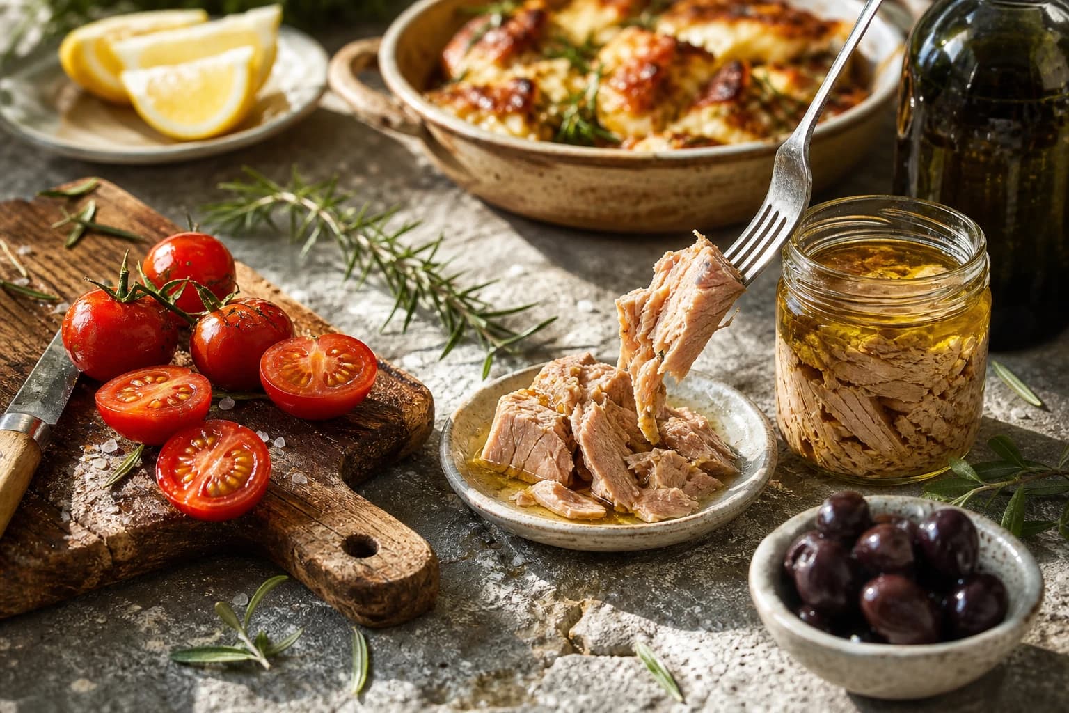 Etape 3 : Couper les tomates cerises et égoutter le thon — Salade thon, haricots blancs & tomates