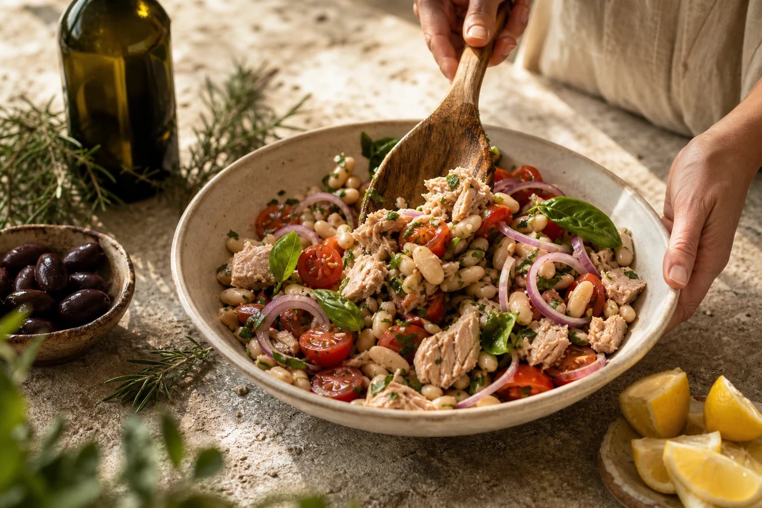 Etape 4 : Assembler avec délicatesse et laisser reposer — Salade thon, haricots blancs & tomates