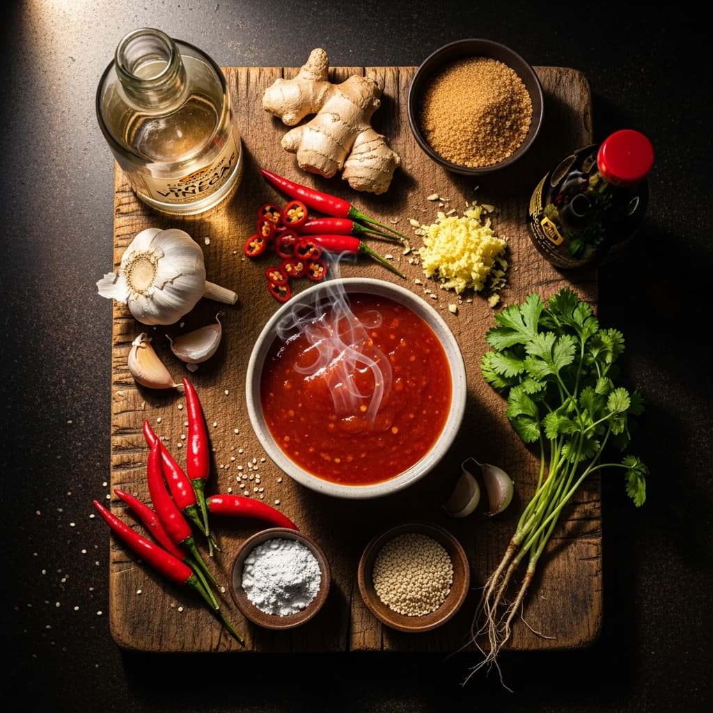 Sauce pimentée asiatique maison versée sur un wok de légumes croquants