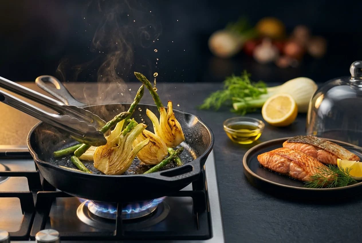 Etape 5 : Poêler les lamelles de fenouil et dresser — Saumon poêlé, asperges & fenouil