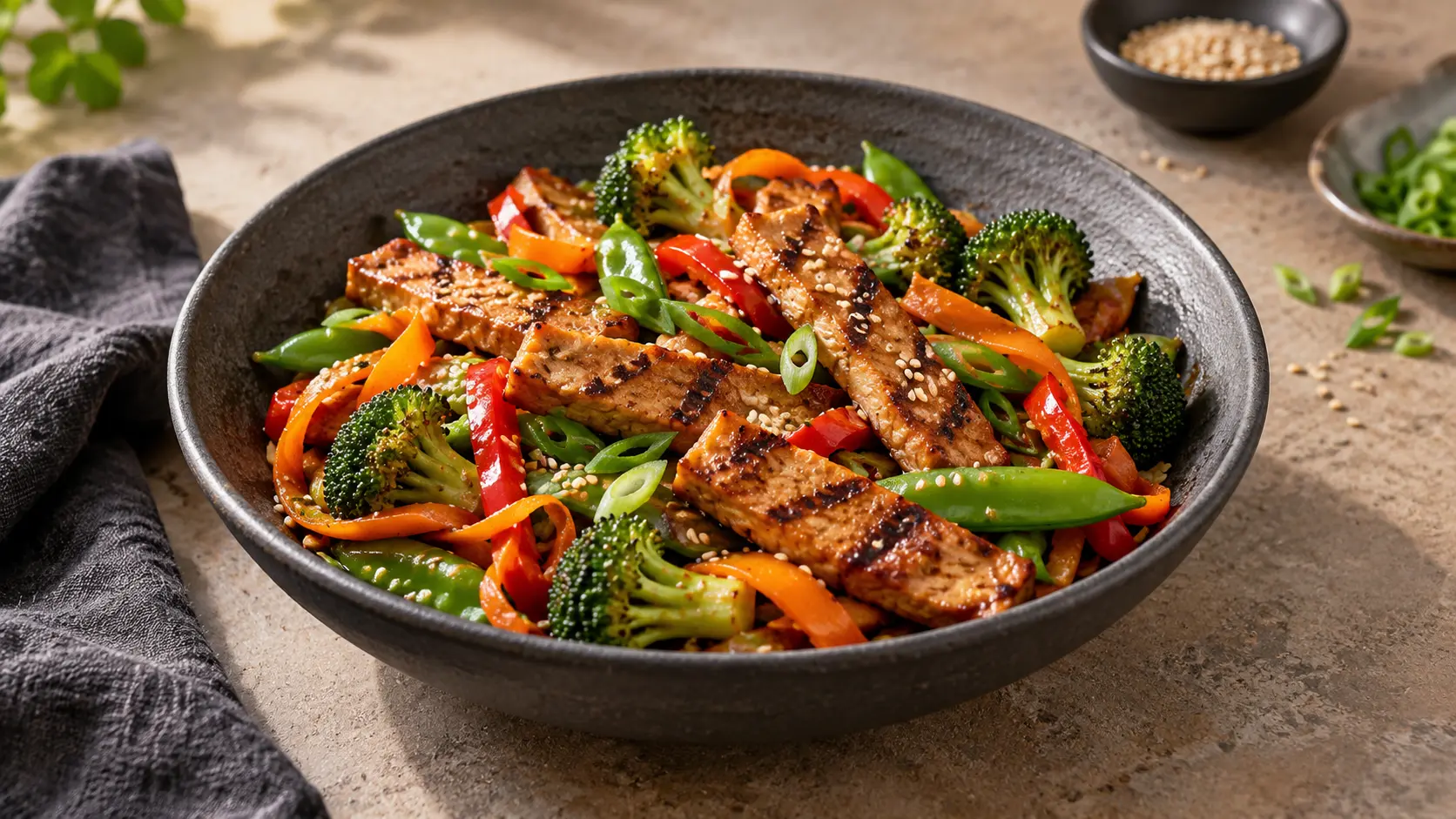 Seitan grillé légumes sauce soja allégée