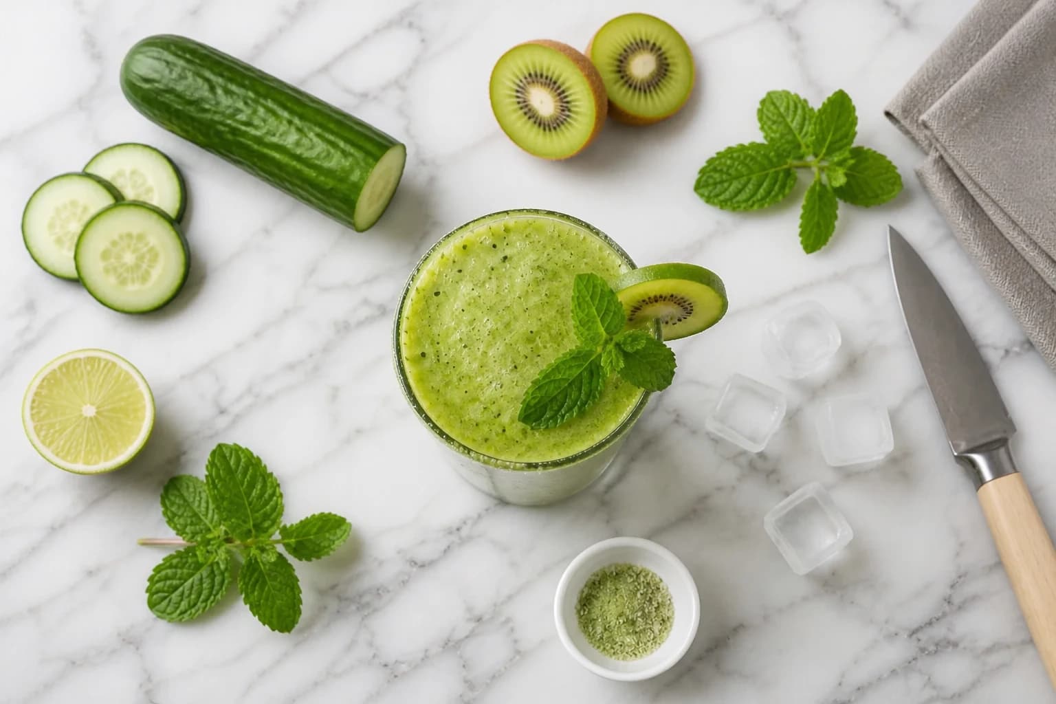 Smoothie concombre kiwi vert glow en cours de préparation dans un blender avec glaçons
