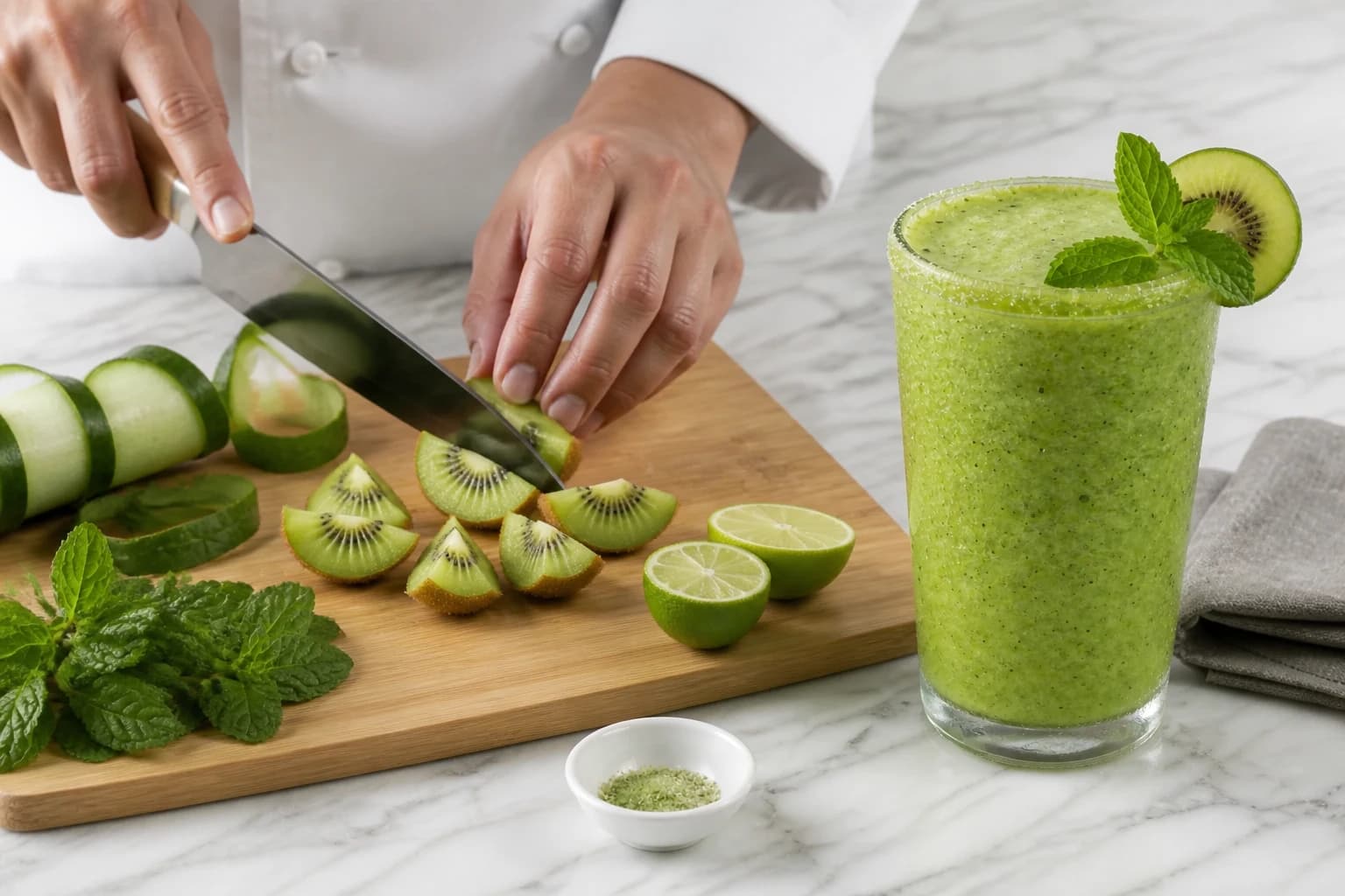 Etape 1 : Préparer les fruits frais — Smoothie concombre-kiwi : glow vert givré