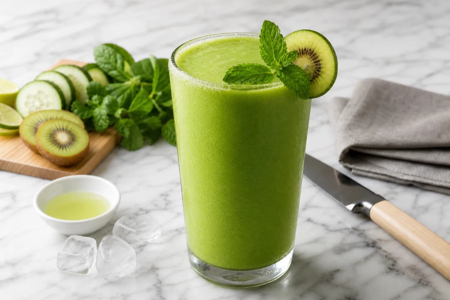 Etape 3 : Ajouter le jus de citron et les glaçons — Smoothie concombre-kiwi : glow vert givré