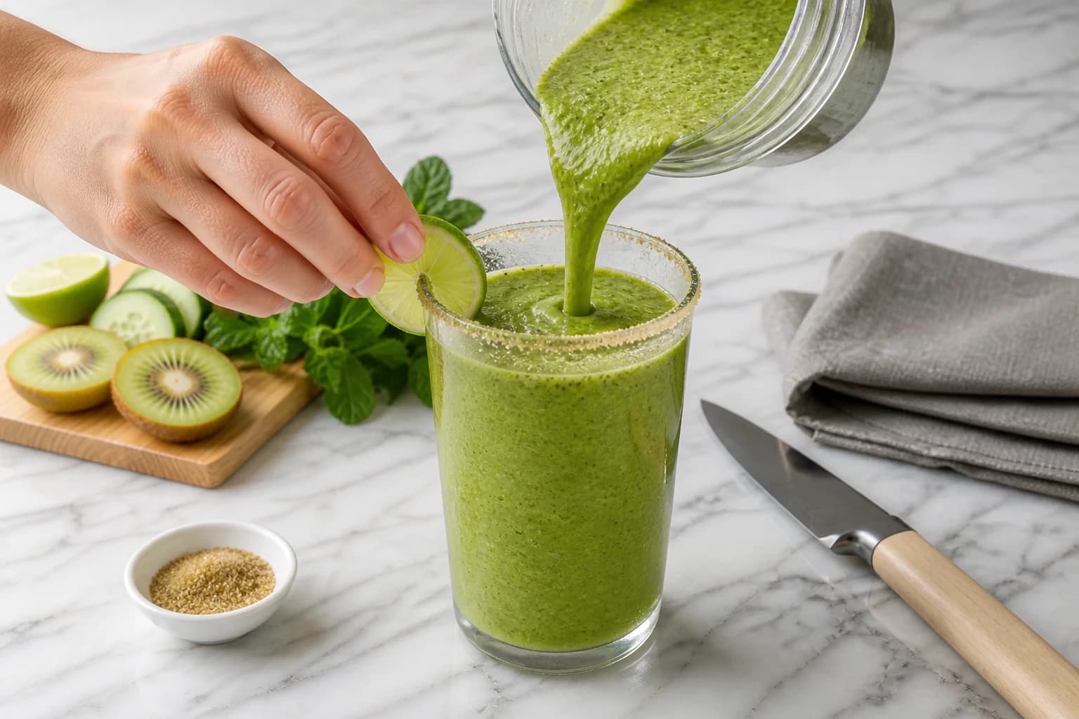 Etape 4 : Givrer le bord des verres et servir — Smoothie concombre-kiwi : glow vert givré