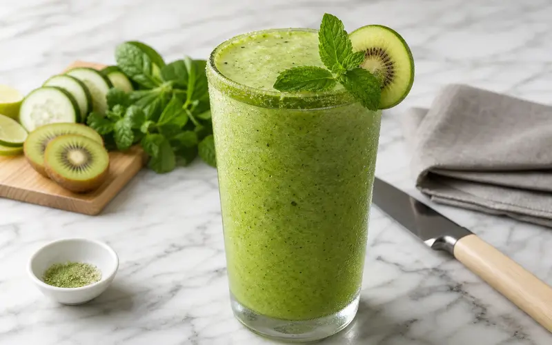 Smoothie concombre kiwi vert glow servi dans un verre au bord givré au citron vert avec glaçons