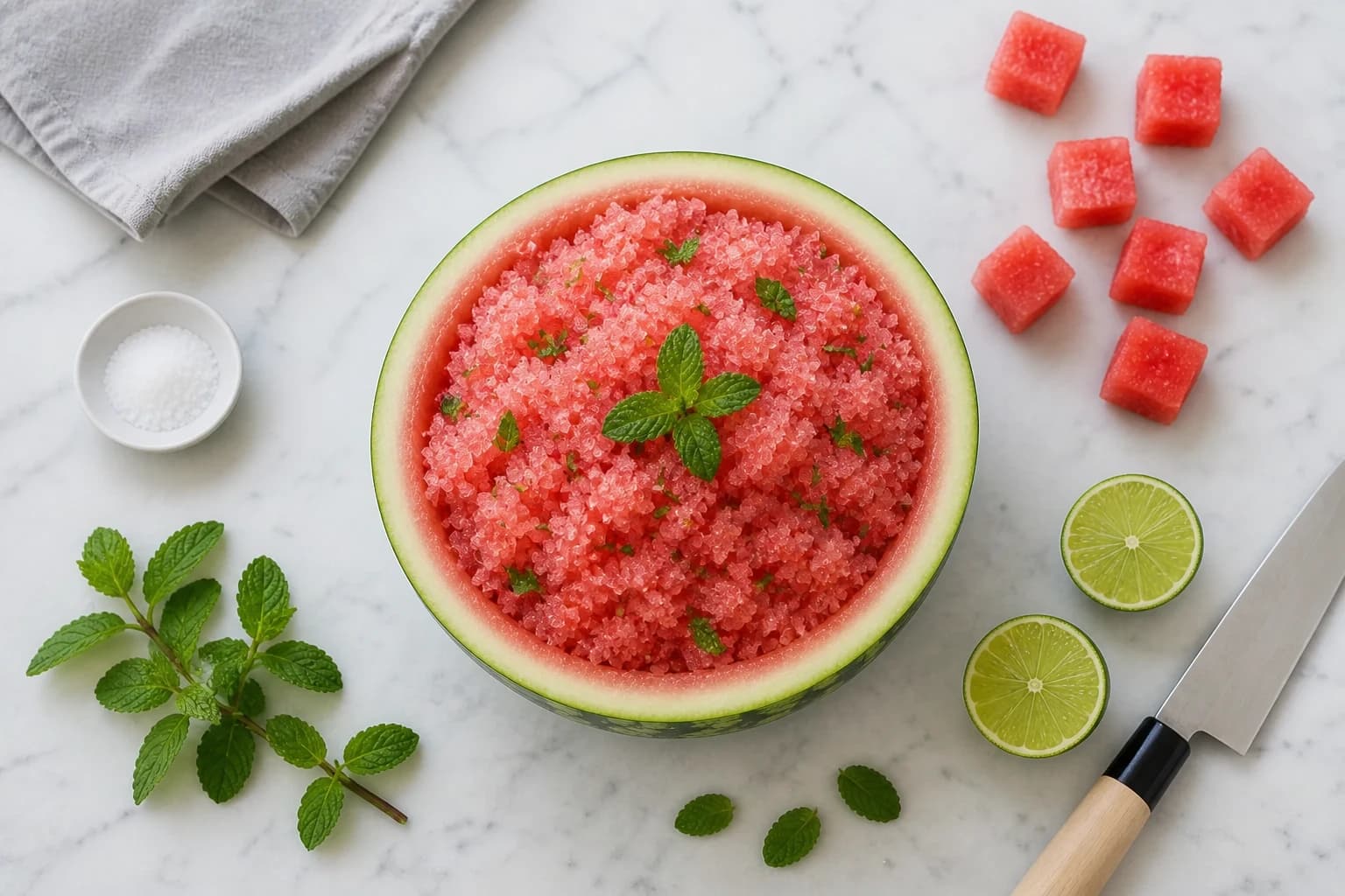 Slushie pastèque menthe glacé servi dans une demi-pastèque évidée avec feuilles de menthe et citron vert