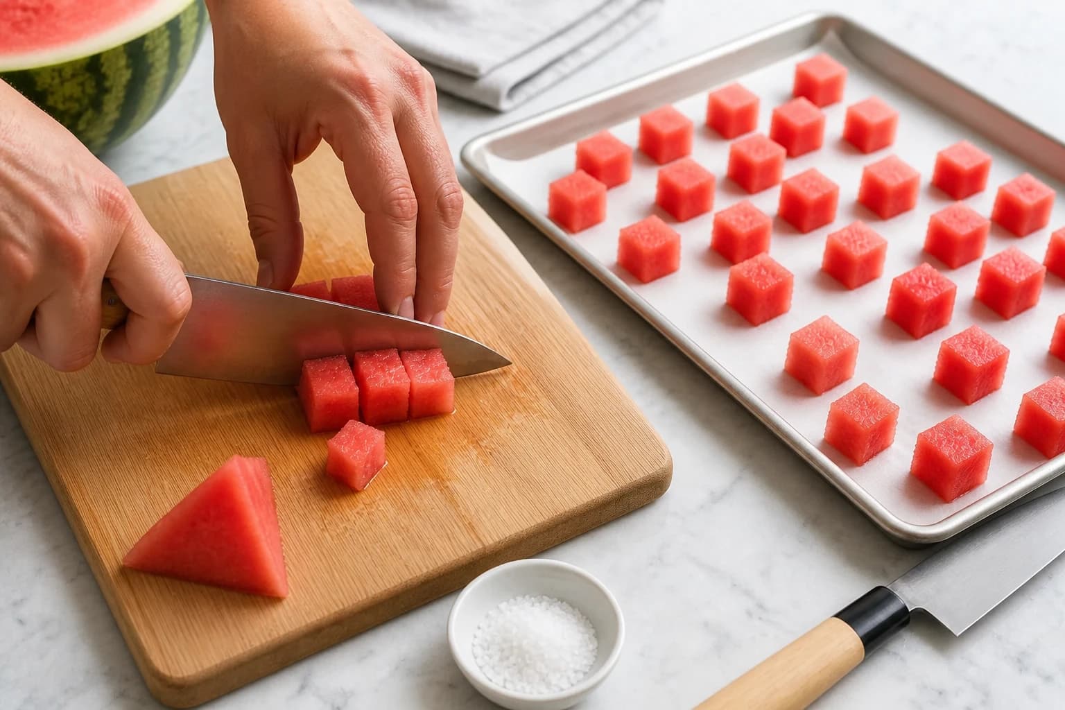 Etape 1 : Congeler la pastèque épépinée — Smoothie pastèque glacé : servi dans la pastèque