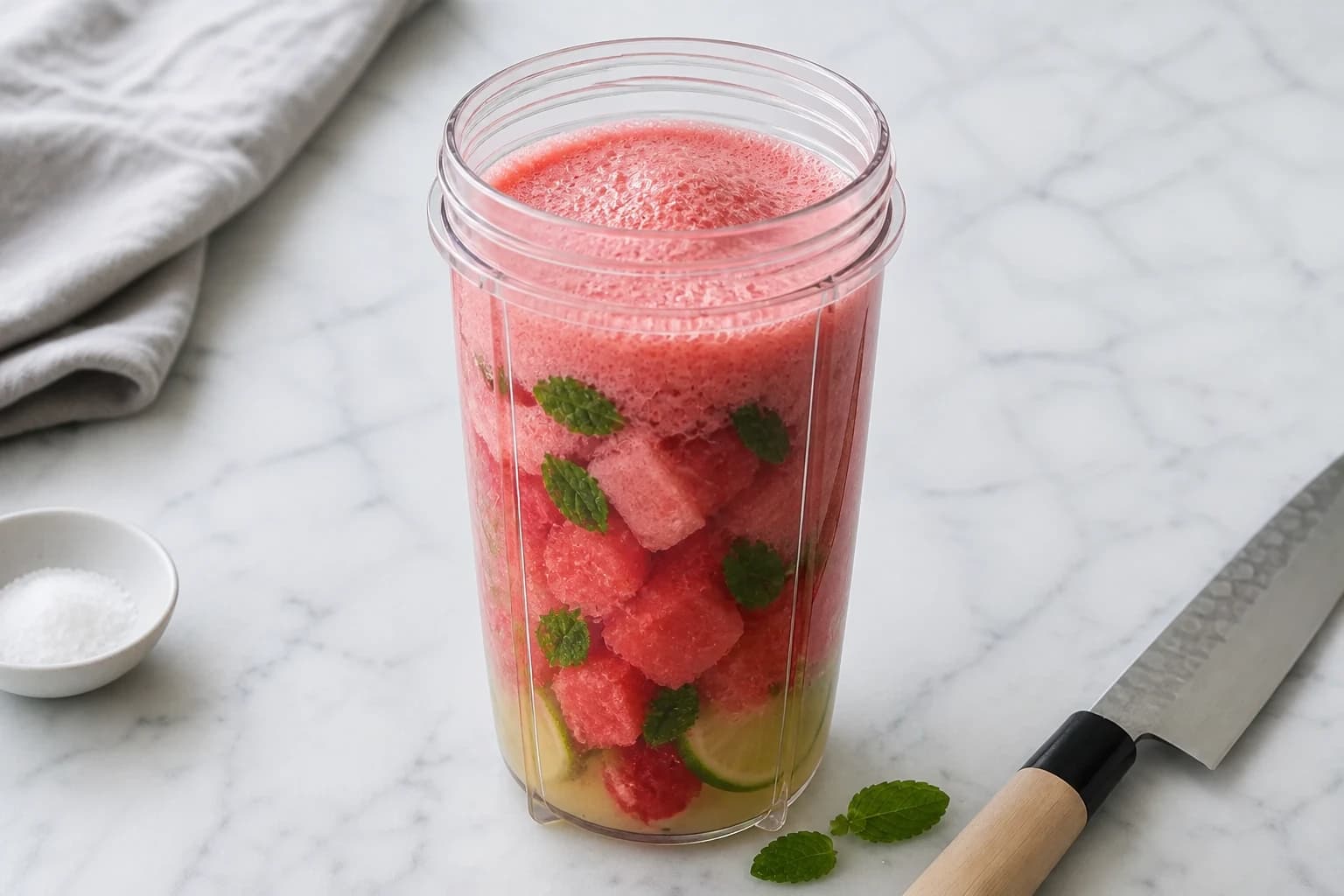 Etape 3 : Mixer le slushie pastèque menthe — Smoothie pastèque glacé : servi dans la pastèque